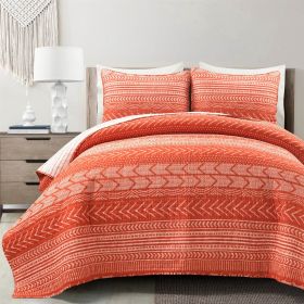 Scandinavian Chevron Reversible Cotton Quilt Set (Color: orange white, size: full/queen)