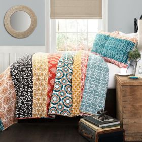 Cotton 3 Piece Reversible Teal Orange Bohemian Stripe Quilt Set (size: full/queen)