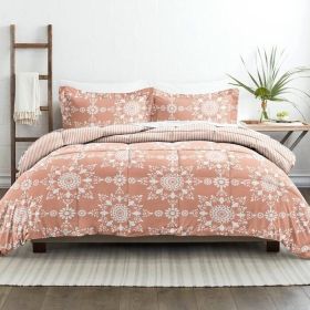 Full/Queen size 3-Piece Reversible Floral Striped Comforter Set (Color: clay white, size: full/queen)