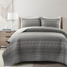 Scandinavian Chevron Reversible Cotton Quilt Set (Color: Dark Grey, size: full/queen)