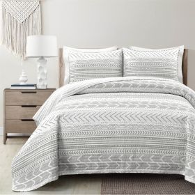 Scandinavian Chevron Reversible Cotton Quilt Set (Color: grey white, size: full/queen)