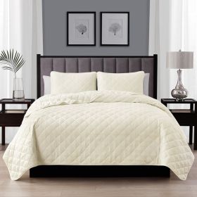 Polyester Microfiber Reversible Diamond Quilt Set (Color: Ivory, size: full/queen)
