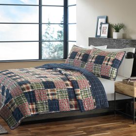 Farmhouse Red Navy Plaid 100-Percent Cotton Reversible Quilt Set (size: full/queen)