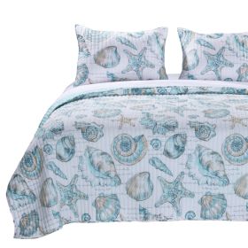 Coastal Seashells 3 Piece White Teal Polyester Reversible Quilt Set (size: full/queen)
