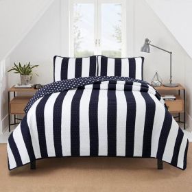 Reversible Navy Blue White Stars Stripes 100-Percent Cotton Quilt Set (size: full/queen)