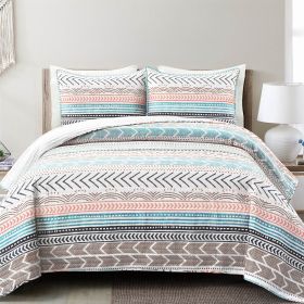 Scandinavian Chevron Teal White Orange Brown Reversible Cotton Quilt Set (size: King)