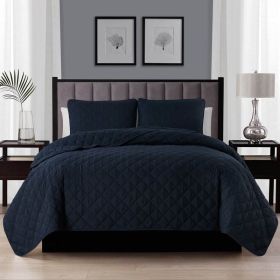 Polyester Microfiber Reversible Diamond Quilt Set (Color: Navy Blue, size: full/queen)