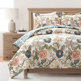 Floral Country Cottage Blue Green Coral Beige Comforter Set (size: full/queen)