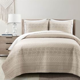 Scandinavian Chevron Reversible Cotton Quilt Set (Color: beige tan white, size: full/queen)