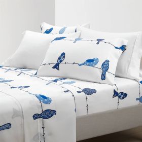 Floral Birds On Wire Lightweight Quilt Set (Color: blue white, size: Full)