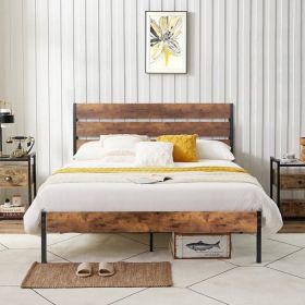 Industrial Platform Bed Frame with Wood Slatted Headboard (Color: Brown, size: Full)