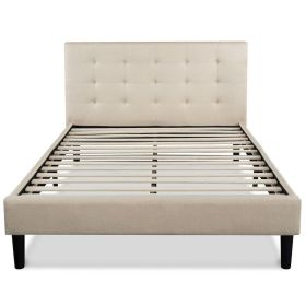 Full Metal Platform Bed with Upholstered Button Tufted Fabric Headboard (Color: Taupe)