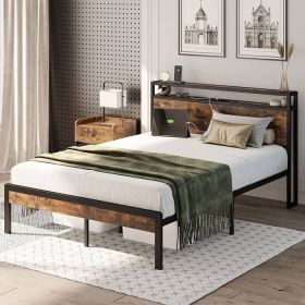 Industrial Platform Bed Frame with Storage Headboard and Power Outlets (size: Full)