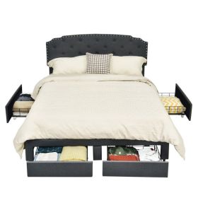 Linen Headboard 4 Drawer Storage Platform Bed (Color: Grey, size: Full)