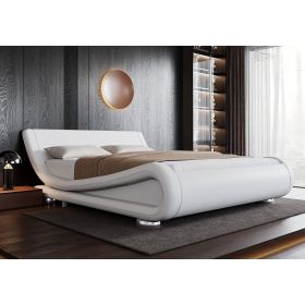 Modern Upholstered Platform Bed Frame with Sleigh Curved Headboard (Color: White, size: Full)