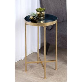 Gold Metal Round Nightstand End Table with Removable Tray Top (Color: navy blue top)