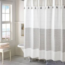 72-inch Cotton Shower Curtain with Tassels (Color: grey white)