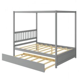 Full Size Canopy Platform Bed with Twin Roller Trundle Bed (Color: gray)
