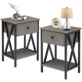 Set of 2 - 1 Drawer Nightstand  Wood Finish (Color: grey black)