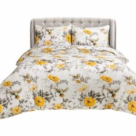 3-Piece White Yellow Grey Reversible Floral Birds Cotton Quilt Set (size: full/queen)