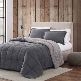 Plush Sherpa Reversible Micro Suede Comforter Set (Color: gray, size: full/queen)