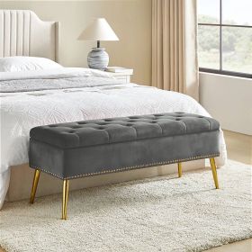 Mid-Century Modern End of Bed Storage Bench Velvet Seat and Gold Legs (Color: Grey)