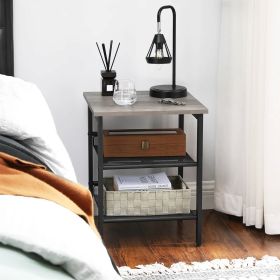 Modern Industrial Side Table Nightstand in Black Metal with Wood Top (Color: grey beige top)