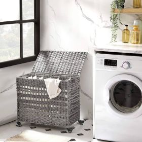Bamboo Wood 26-Gal Laundry Hamper Basket w/ Removable Washable Cotton Bag (Color: Grey)
