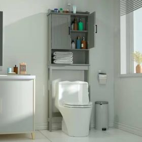 Over the Toilet Bathroom Storage Cabinet Shelf  Wood Finish (Color: Grey)