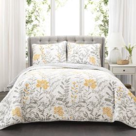 Full/Queen Blue Grey Floral Lightweight Thin Polyester Fabric 3-Piece Quilt Set (Color: yellow grey, size: King)