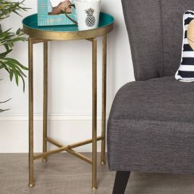 Gold Metal Round Nightstand End Table with Removable Tray Top (Color: teal top)