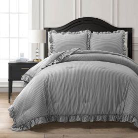 White Stripe Ruffle Reversible 3 Piece Comforter Set (size: full/queen)