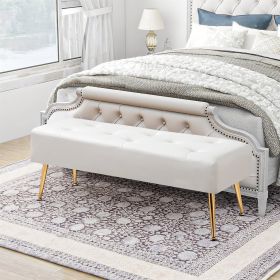 Mid-Century Modern End of Bed Storage Bench Velvet Seat and Gold Legs (Color: white ivory)