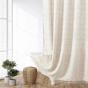 72-inch Farmhouse Cotton Linen Blend Shower Curtain with Boho Tassels (Color: beige white)