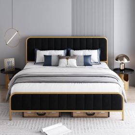 Gold Metal Platform Bed Frame with Upholstered Headboard (Color: Black, size: King)