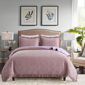 Velvet Microfiber Polyester Reversible Quilt Set (Color: rose-wood, size: King)