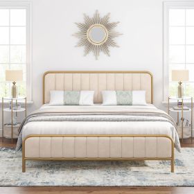Gold Metal Platform Bed Frame with Upholstered Headboard (Color: off-white, size: King)