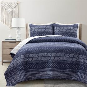 Scandinavian Chevron Reversible Cotton Quilt Set (Color: navy blue white, size: King)
