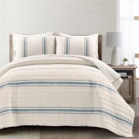 Reversible Cotton Quilt Set (Color: blue off-white cream stripe, size: King)