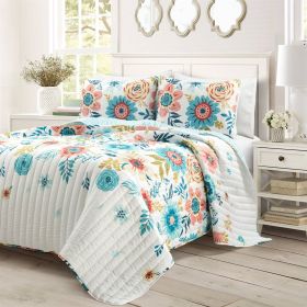 Lightweight Floral Teal Blue Pink White 3-Piece Polyester Quilt Set (size: King)