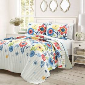 Lightweight Floral Navy Blue Coral White 3-Piece Polyester Quilt Set (size: King)