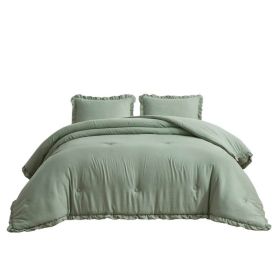 Oversized Microfiber 3-Piece Comforter Set with Ruffled Edge Trim (Color: Sage, size: King)