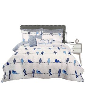 Floral Birds On Wire Lightweight Quilt Set (Color: blue white navy, size: King)