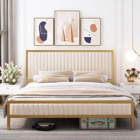 Gold Metal Platform Bed Frame with Velvet Upholstered Headboard (size: king'color)