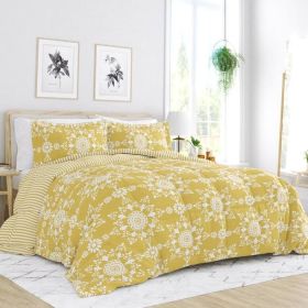 Reversible Floral Striped Comforter Set (Color: yellow white, size: King)