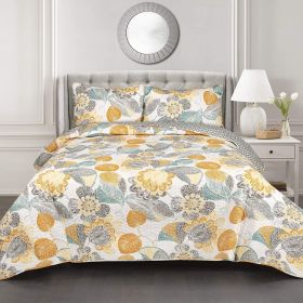 3-Piece Reversible Floral Cotton Quilt Set (Color: yellow grey, size: King)
