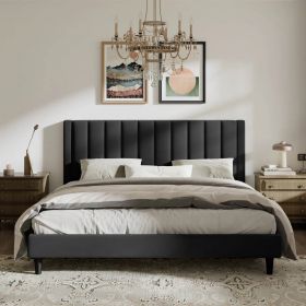 Modern Velvet Upholstered Platform Bed with Headboard (Color: Black, size: King)