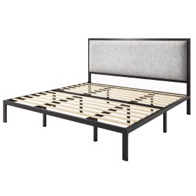 Black Metal Platform Bed Frame with Tall Grey Linen Upholstered Headboard (size: King)