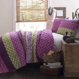 Boho Floral Reversible Lightweight Quilt Set (Color: purple yellow, size: King)