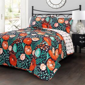 Full/Queen Red Poppy Flower Lightweight Cotton Quilt Set (Color: navy teal, size: King)